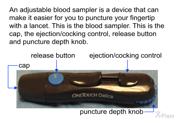 An adjustable blood sampler is a device that can make it easier for you to puncture your fingertip with a lancet. This is the blood sampler. This is the cap, the ejection/cocking control, release button and puncture depth knob.