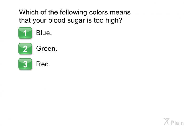 Which of the following colors means that your blood sugar is too high?  Blue. Green. Red.