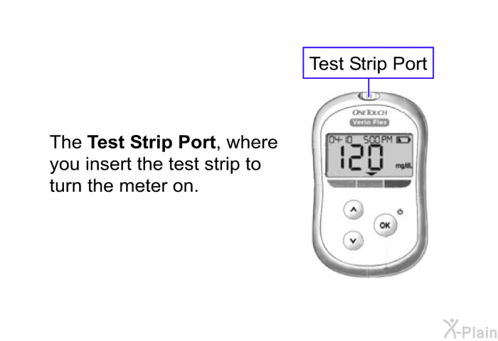 The <B>Test Strip Port</B>, where you insert the test strip to turn the meter on.