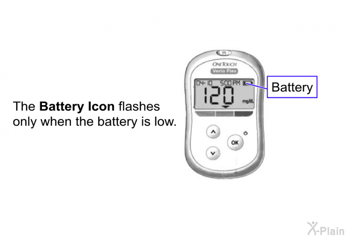 The <B>Battery Icon</B> flashes only when the battery is low.