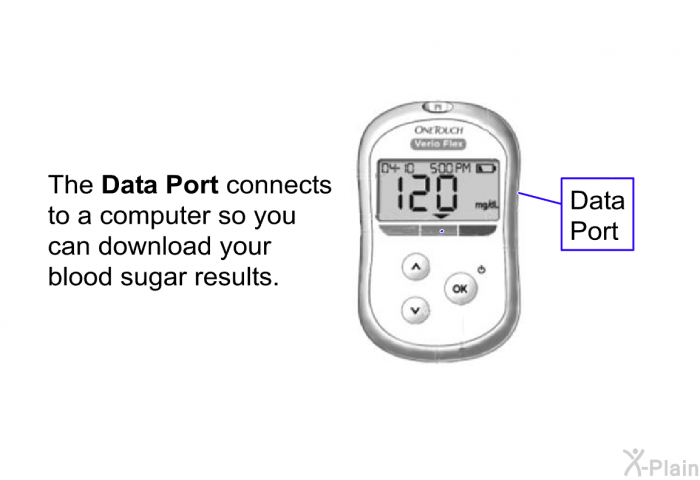 The <B>Data Port</B> connects to a computer so you can download your blood sugar results.