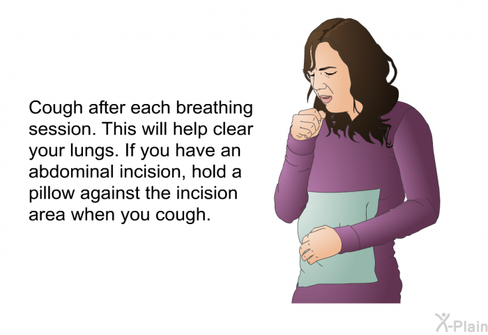 Cough after each breathing session. This will help clear your lungs. If you have an abdominal incision, hold a pillow against the incision area when you cough.