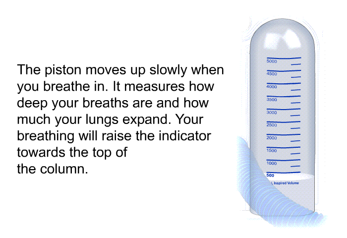 The piston moves up slowly when you breathe in. It measures how deep your breaths are and how much your lungs expand. Your breathing will raise the indicator towards the top of the column.
