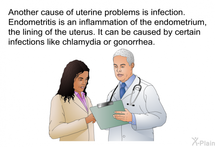 Another cause of uterine problems is infection. Endometritis is an inflammation of the endometrium, the lining of the uterus. It can be caused by certain infections like chlamydia or gonorrhea.