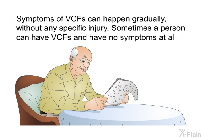 Symptoms of VCFs can happen gradually, without any specific injury. Sometimes a person can have VCFs and have no symptoms at all.