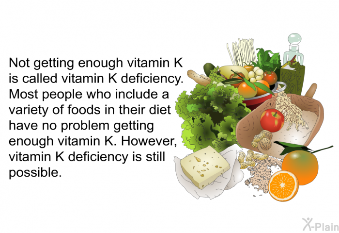 Not getting enough vitamin K is called vitamin K deficiency. Most people who include a variety of foods in their diet have no problem getting enough vitamin K. However, vitamin K deficiency is still possible.