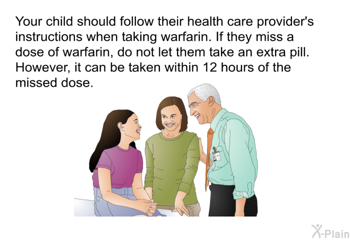 Your child should follow their health care provider's instructions when taking warfarin. If they miss a dose of warfarin, do not let them take an extra pill. However, it can be taken within 12 hours of the missed dose.