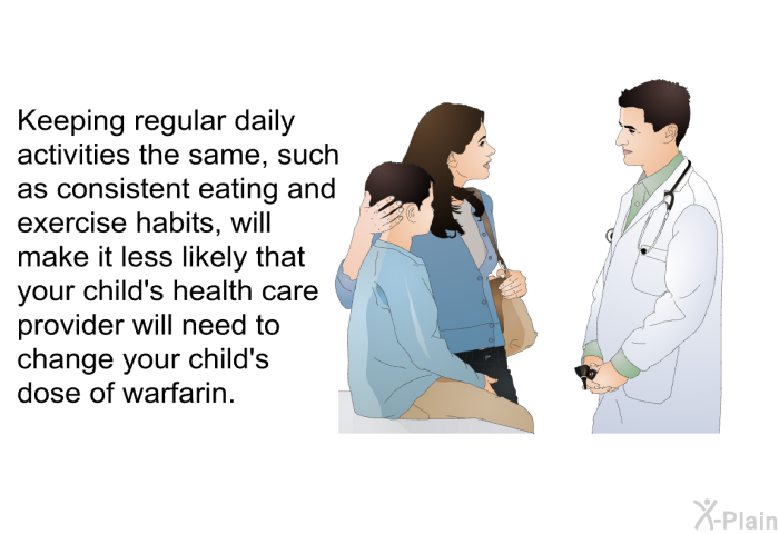 Keeping regular daily activities the same, such as consistent eating and exercise habits, will make it less likely that your child's health care provider will need to change your child's dose of warfarin.