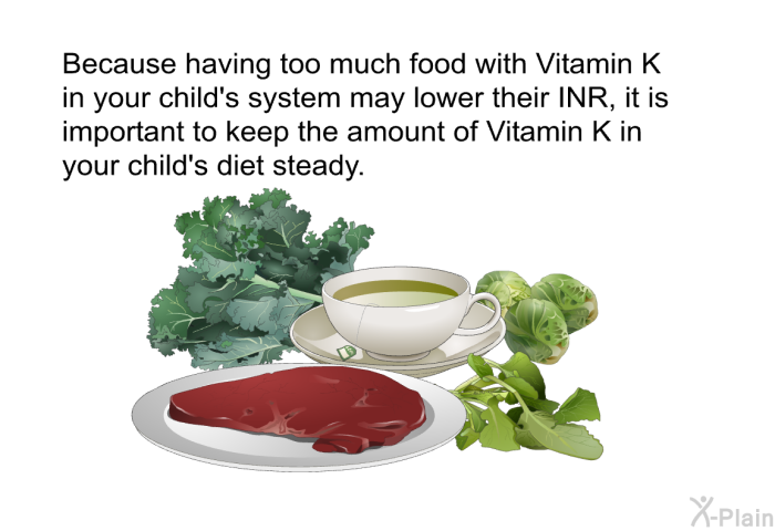 Because having too much food with Vitamin K in your child's system may lower their INR, it is important to keep the amount of Vitamin K in your child's diet steady.