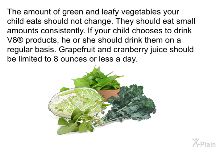 The amount of green and leafy vegetables your child eats should not change. They should eat small amounts consistently. If your child chooses to drink V8<SUP> </SUP> products, he or she should drink them on a regular basis. Grapefruit and cranberry juice should be limited to 8 ounces or less a day.