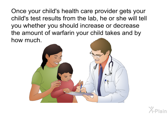 Once your child's health care provider gets your child's test results from the lab, he or she will tell you whether you should increase or decrease the amount of warfarin your child takes and by how much.