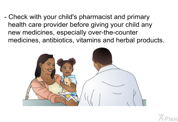 Check with your child's pharmacist and primary health care provider before giving your child any new medicines, especially over-the-counter medicines, antibiotics, vitamins and herbal products.