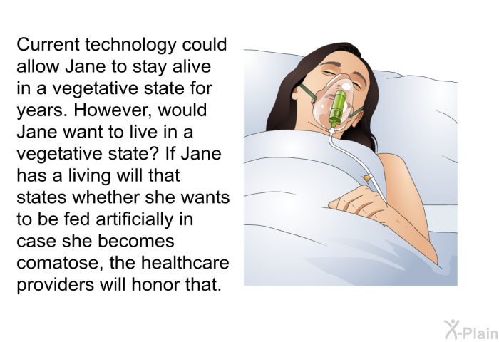 Current technology could allow Jane to stay alive in a vegetative state for years. However, would Jane want to live in a vegetative state? If Jane has a living will that states whether she wants to be fed artificially in case she becomes comatose, the healthcare providers will honor that.