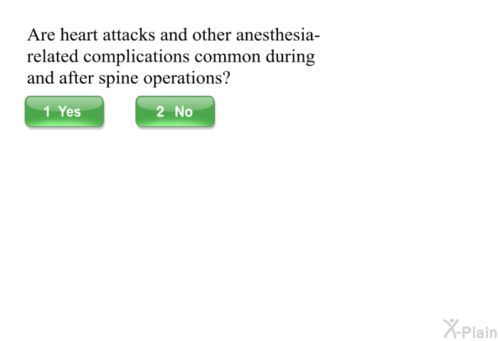 Are heart attacks and other anesthesia-related complications common during and after spine operations?