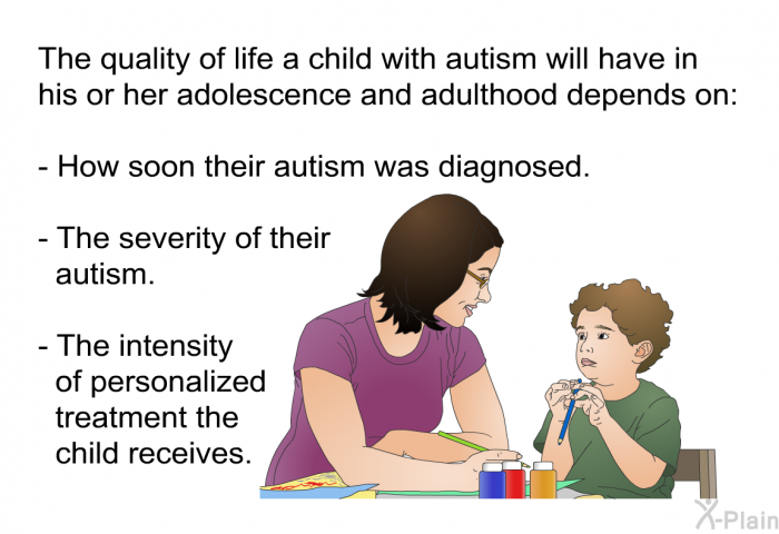 The quality of life a child with autism will have in his or her adolescence and adulthood depends on:  How soon their autism was diagnosed. The severity of their autism. The intensity of personalized treatment the child receives.