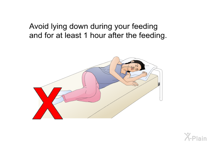 Avoid lying down during your feeding and for at least 1 hour after the feeding.