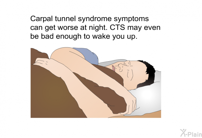 Carpal tunnel syndrome symptoms can get worse at night. CTS may even be bad enough to wake you up.