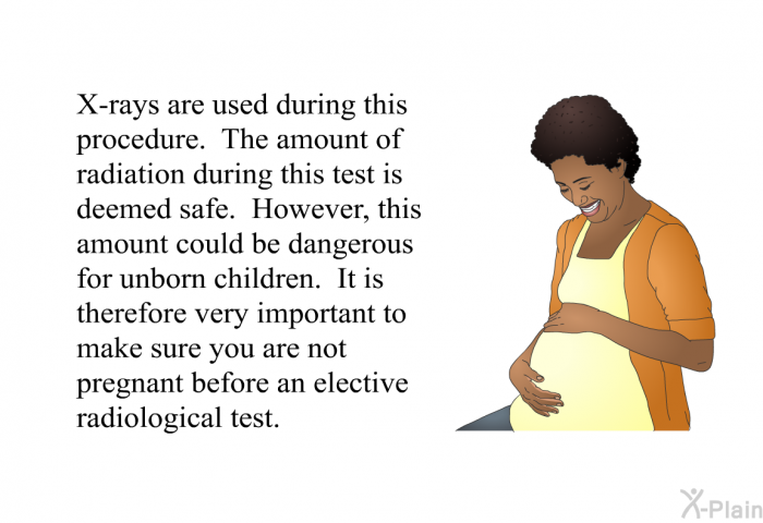 X-rays are used during this procedure. The amount of radiation during this test is deemed safe. However, this amount could be dangerous for unborn children. It is therefore very important to make sure you are not pregnant before an elective radiological test.