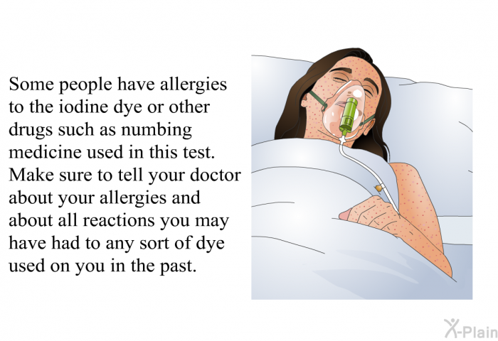 Some people have allergies to the iodine dye or other drugs such as numbing medicine used in this test. Make sure to tell your doctor about your allergies and about all reactions you may have had to any sort of dye used on you in the past.