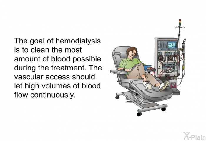 The goal of hemodialysis is to clean the most amount of blood possible during the treatment. The vascular access should let high volumes of blood flow continuously.