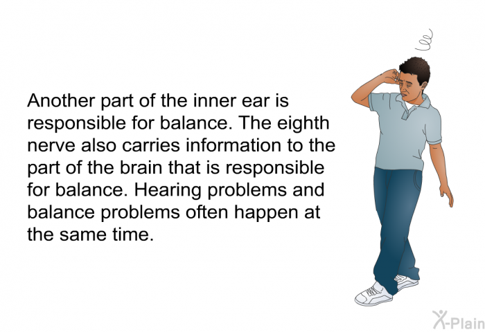 Another part of the inner ear is responsible for balance. The eighth nerve also carries information to the part of the brain that is responsible for balance. Hearing problems and balance problems often happen at the same time.