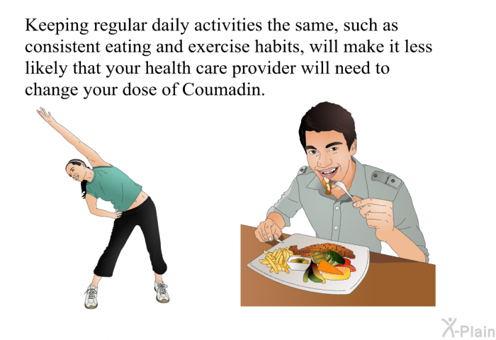 Keeping regular daily activities the same, such as consistent eating and exercise habits, will make it less likely that your health care provider will need to change your dose of Coumadin.