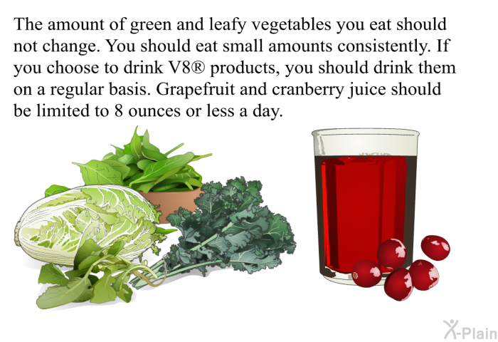 The amount of green and leafy vegetables you eat should not change. You should eat small amounts consistently. If you choose to drink V8<SUP> </SUP> products, you should drink them on a regular basis. Grapefruit and cranberry juice should be limited to 8 ounces or less a day.