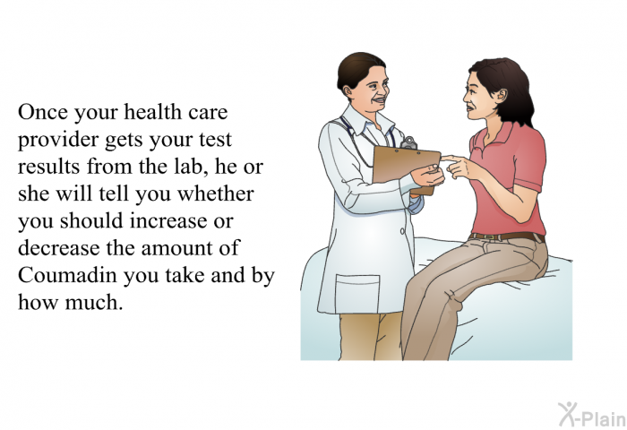 Once your health care provider gets your test results from the lab, he or she will tell you whether you should increase or decrease the amount of Coumadin you take and by how much.