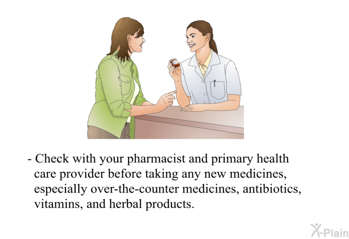 Check with your pharmacist and primary health care provider before taking any new medicines, especially over-the-counter medicines, antibiotics, vitamins, and herbal products.