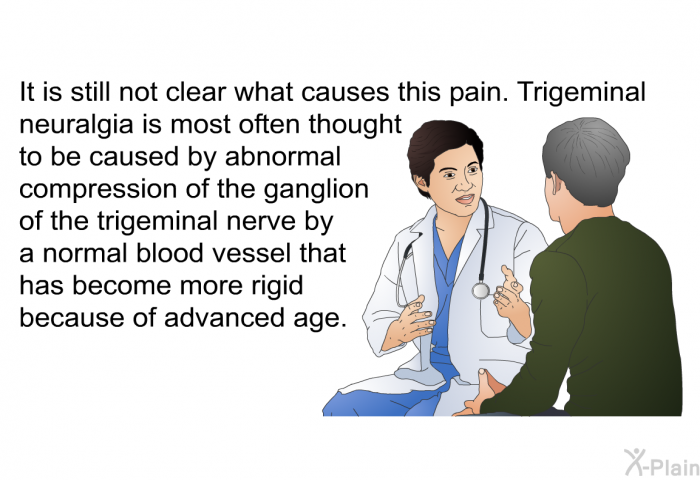 It is still not clear what causes this pain. Trigeminal neuralgia is most often thought to be caused by abnormal compression of the ganglion of the trigeminal nerve by a normal blood vessel that has become more rigid because of advanced age.