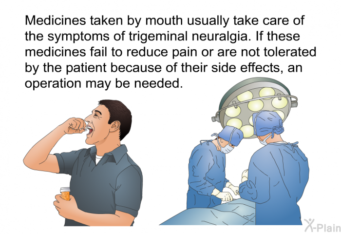 Medicines taken by mouth usually take care of the symptoms of trigeminal neuralgia. If these medicines fail to reduce pain or are not tolerated by the patient because of their side effects, an operation may be needed.