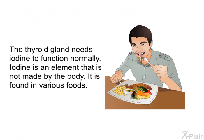 The thyroid gland needs iodine to function normally. Iodine is an element that is not made by the body. It is found in various foods.