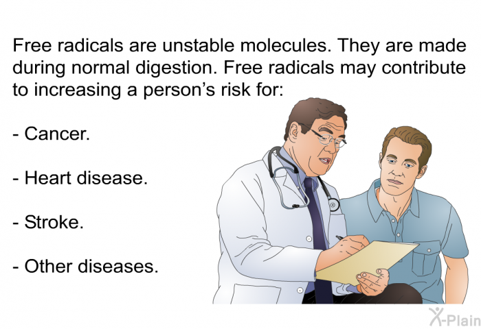 Free radicals are unstable molecules. They are made during normal digestion. Free radicals may contribute to increasing a person's risk for:  Cancer. Heart disease. Stroke. Other diseases.