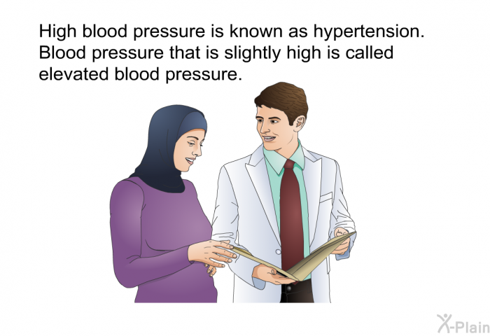 High blood pressure is known as hypertension. Blood pressure that is slightly high is called elevated blood pressure.