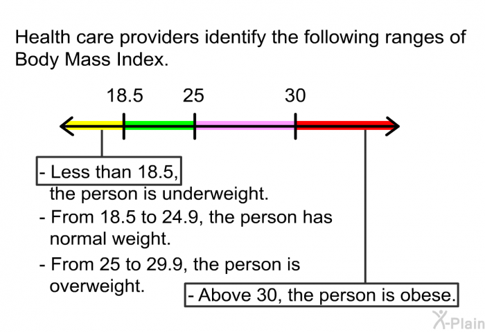 Health care providers identify the following ranges of Body Mass Index:  Less than 18.5, the person is underweight. From 18.5 to 24.9, the person has normal weight. From 25 to 29.9, the person is overweight. Above 30, the person is obese.