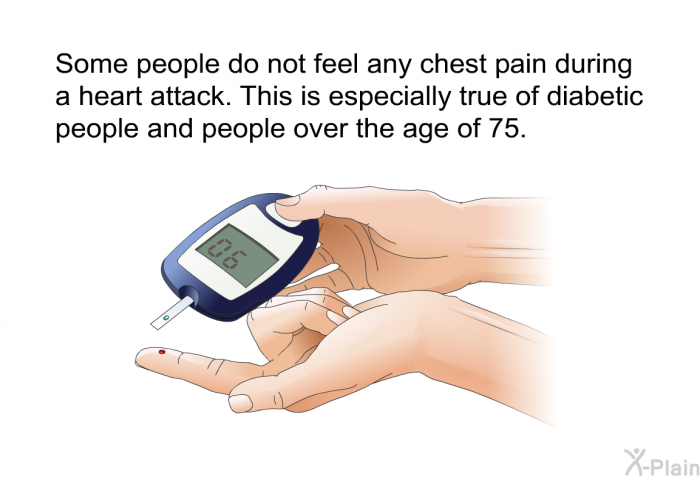 Some people do not feel any chest pain during a heart attack. This is especially true of diabetic people and people over the age of 75.