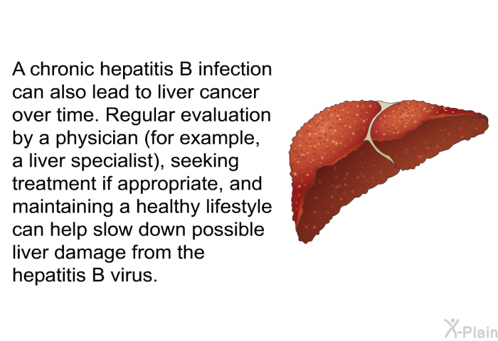 A chronic hepatitis B infection can also lead to liver cancer over time. Regular evaluation by a physician (for example, a liver specialist), seeking treatment if appropriate, and maintaining a healthy lifestyle can help slow down possible liver damage from the hepatitis B virus.