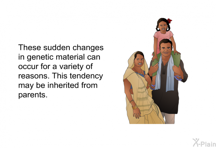 These sudden changes in genetic material can occur for a variety of reasons. This tendency may be inherited from parents.