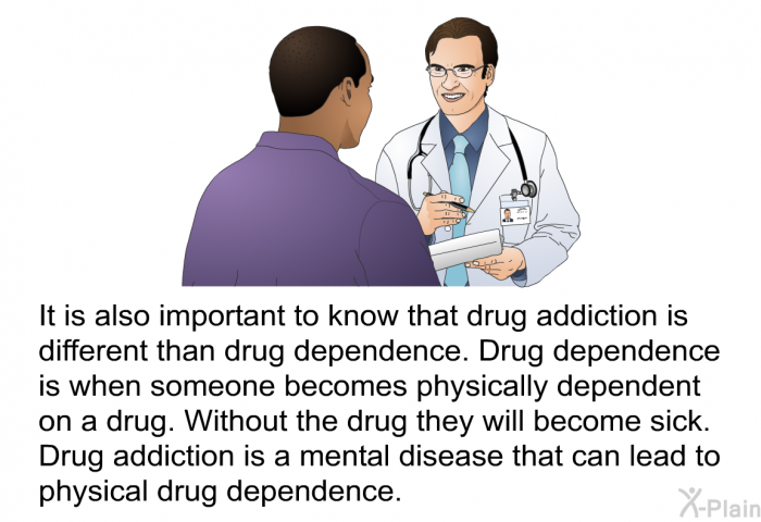 It is also important to know that drug addiction is different than drug dependence. Drug dependence is when someone becomes physically dependent on a drug. Without the drug they will become sick. Drug addiction is a mental disease that can lead to physical drug dependence.