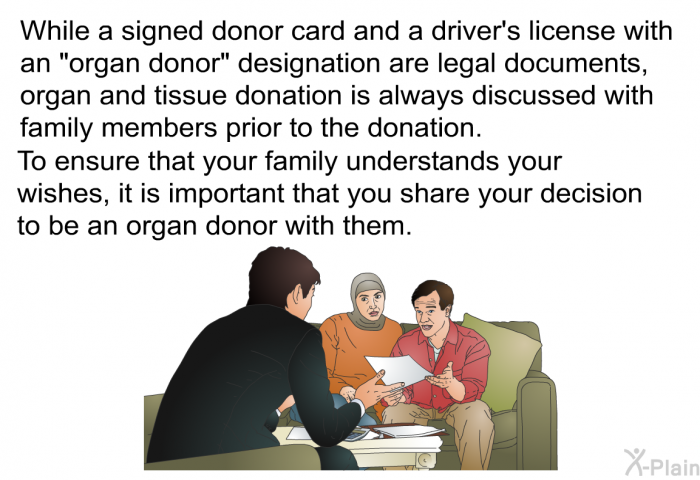 While a signed donor card and a driver's license with an "organ donor" designation are legal documents, organ and tissue donation is always discussed with family members prior to the donation. To ensure that your family understands your wishes, it is important that you share your decision to be an organ donor with them.