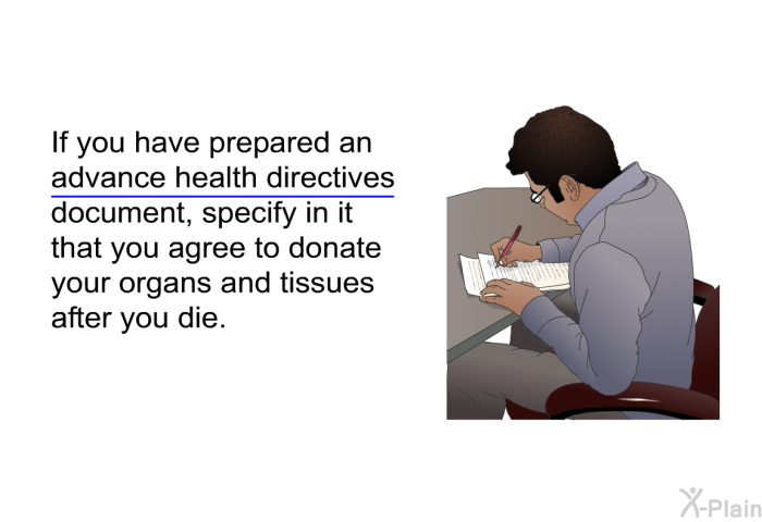 If you have prepared an advance health directives document, specify in it that you agree to donate your organs and tissues after you die.