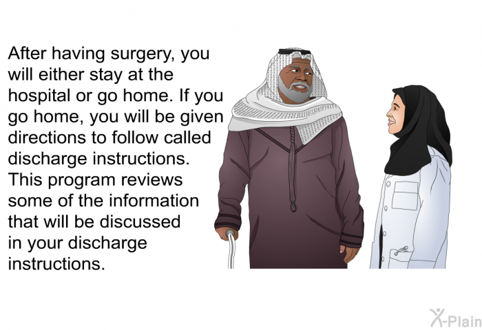 After having surgery, you will either stay at the hospital or go home. If you go home, you will be given directions to follow called discharge instructions. This health information reviews some of the information that will be discussed in your discharge instructions.