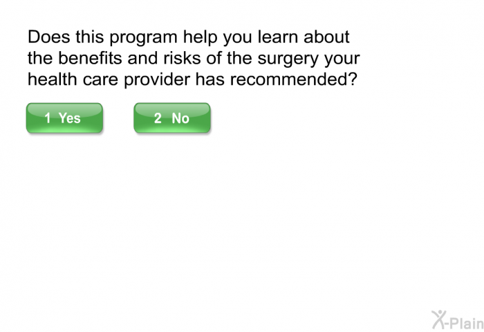 Does this program help you learn about the benefits and risks of the surgery your healthcare provider has recommended?