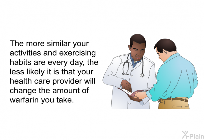 The more similar your activities and exercising habits are every day, the less likely it is that your health care provider will change the amount of warfarin you take.