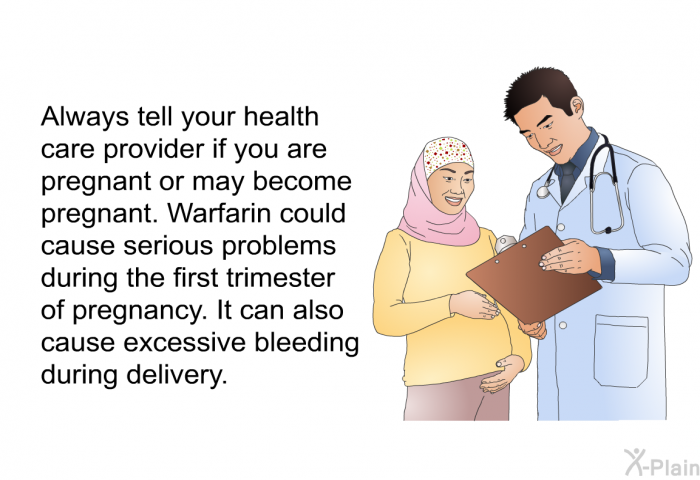 Always tell your health care provider if you are pregnant or may become pregnant. Warfarin could cause serious problems during the first trimester of pregnancy. It can also cause excessive bleeding during delivery.