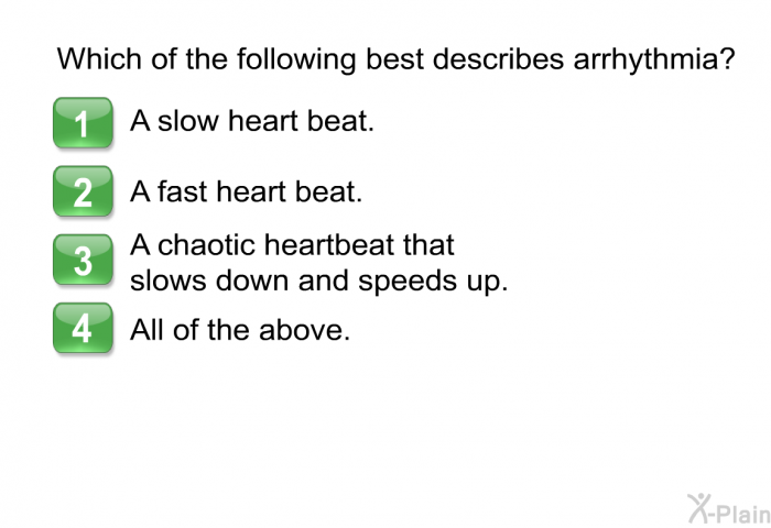 Which of the following best describes arrhythmia?  A slow heart beat. A fast heart beat. A chaotic heartbeat that slows down and speeds up. All of the above.