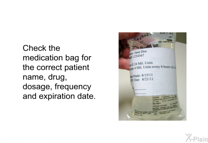 Check the medication bag for the correct patient name, drug, dosage, frequency and expiration date.