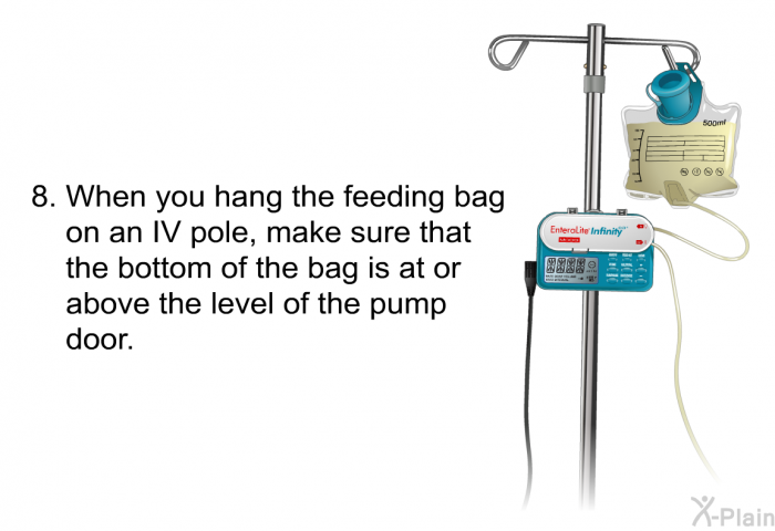 When you hang the feeding bag on an IV pole, make sure that the bottom of the bag is at or above the level of the pump door.