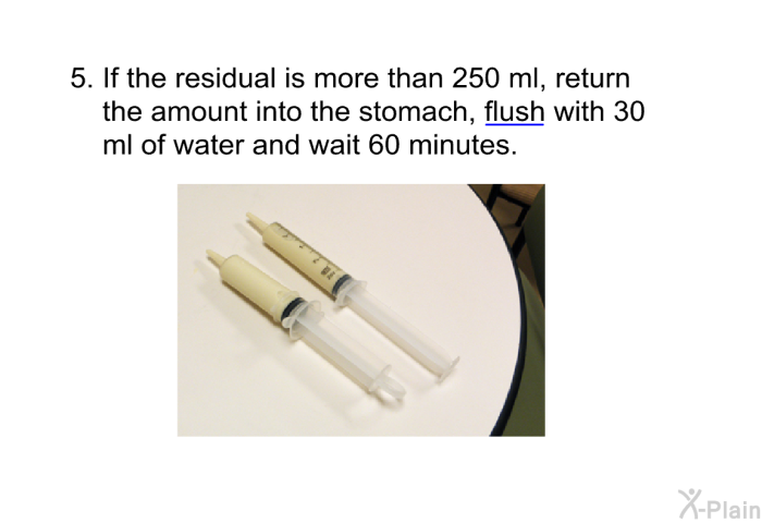 If the residual is more than 250 ml, return the amount into the stomach, flush with 30 ml of water and wait 60 minutes.