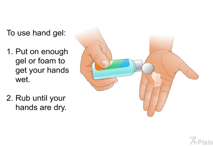 To use hand gel:  Put on enough gel or foam to get your hands wet. Rub until your hands are dry.